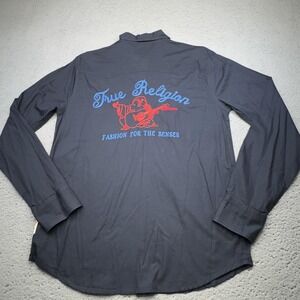 True‎ Religion Shirt Mens Large Blue Big Buddha Embroidered Western Cowboy USA